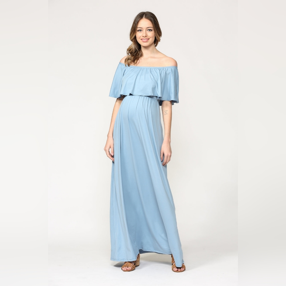 Ruffle Off Shoulder Solid Maternity Dress
